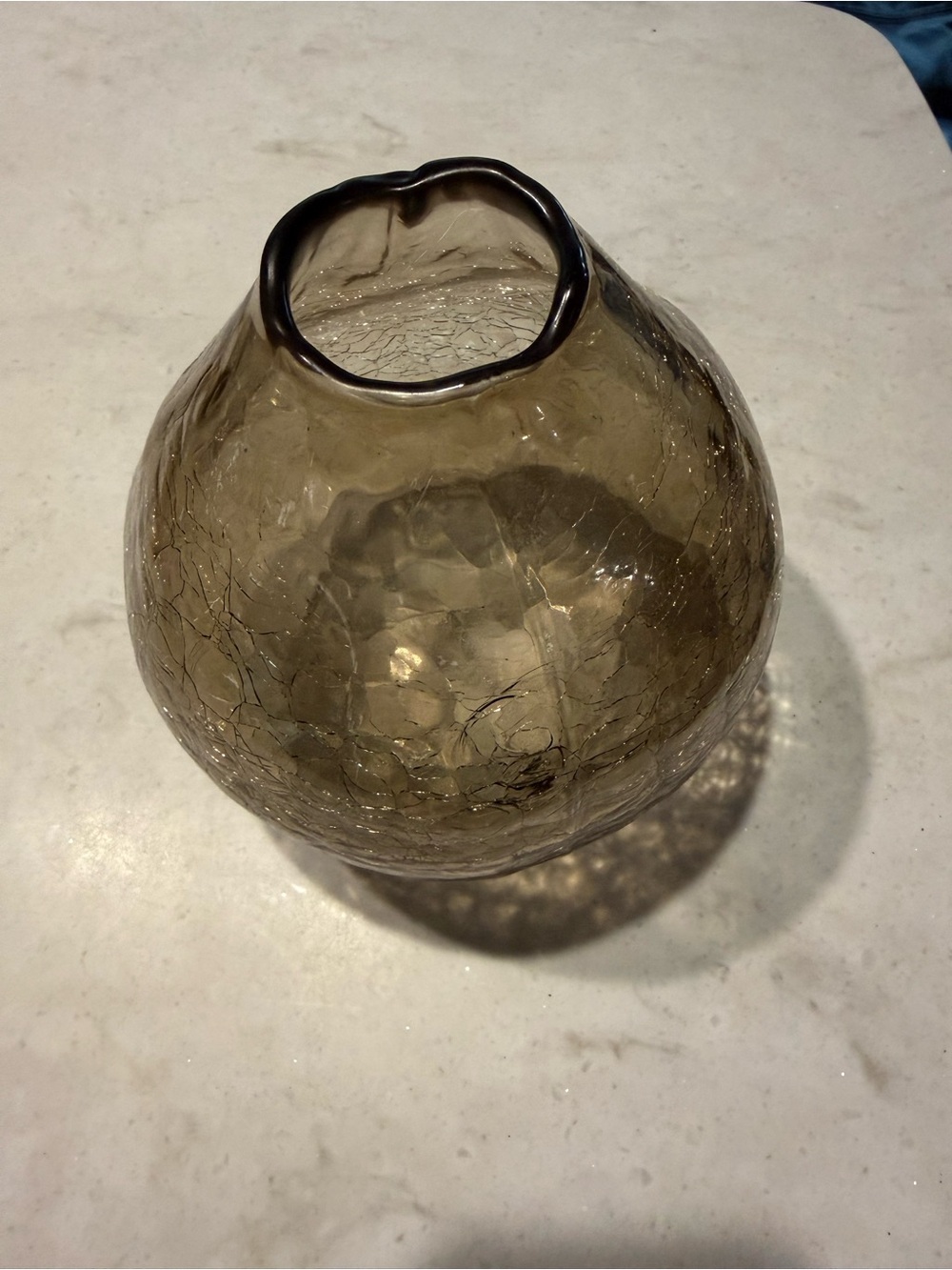 Anthropologie Smoky Gray Crackle Glass Vase 7” Tall 5” Wide Bulbous Hand Blown